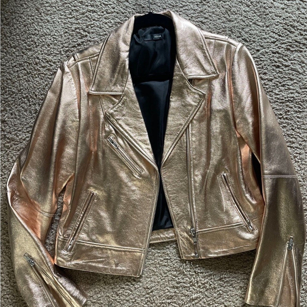 Aqua Metallic Rose Gold Leather Moto Jacket